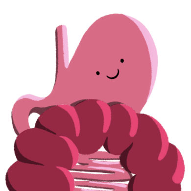 A Guts UK cartoon of the oesophagus, stomach and large bowel in pink wearing black boots. It has eyes and a smile on the stomach.