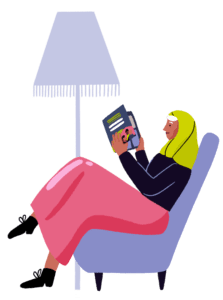 An illustration of a woman sat in a chair reading a Guts UK information leaflet.