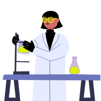 Guts UK cartoon character of a researcher in her white lab coat. She is wrapping her right around a flask with green liquid on a stand on top of a table. There is another flask with a green fluid on the right end of the table.