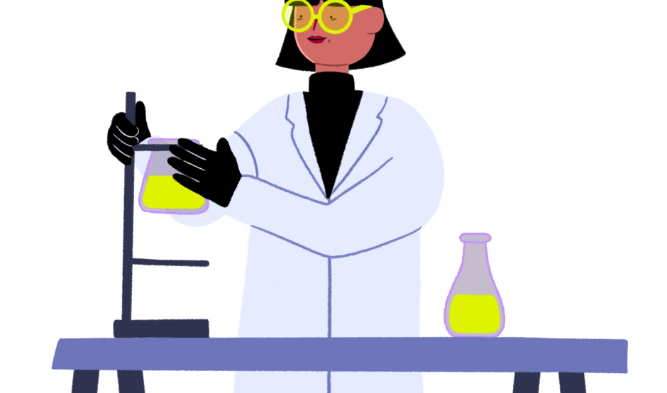 Guts UK cartoon character of a researcher in her white lab coat. She is wrapping her right around a flask with green liquid on a stand on top of a table. There is another flask with a green fluid on the right end of the table.