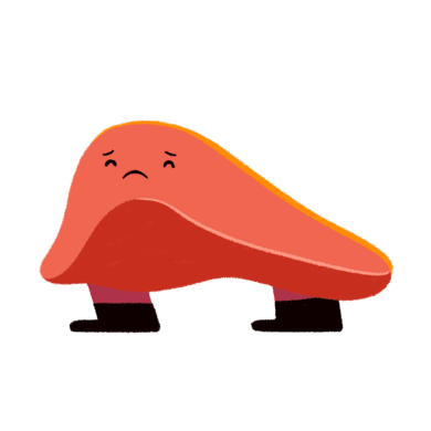 Guts UK cartoon of the liver that looks sad and in pain.