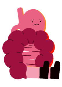 A Guts UK cartoon of a pink oesophagus, stomach and intestine sat down with a sad face wearing black shoes.