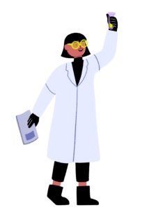 Guts UK cartoon of a researcher who is wearing a white lab coat and yellow glasses. She is holding a tube with green liquids up high with her left hand and has papers held in her right hand. 