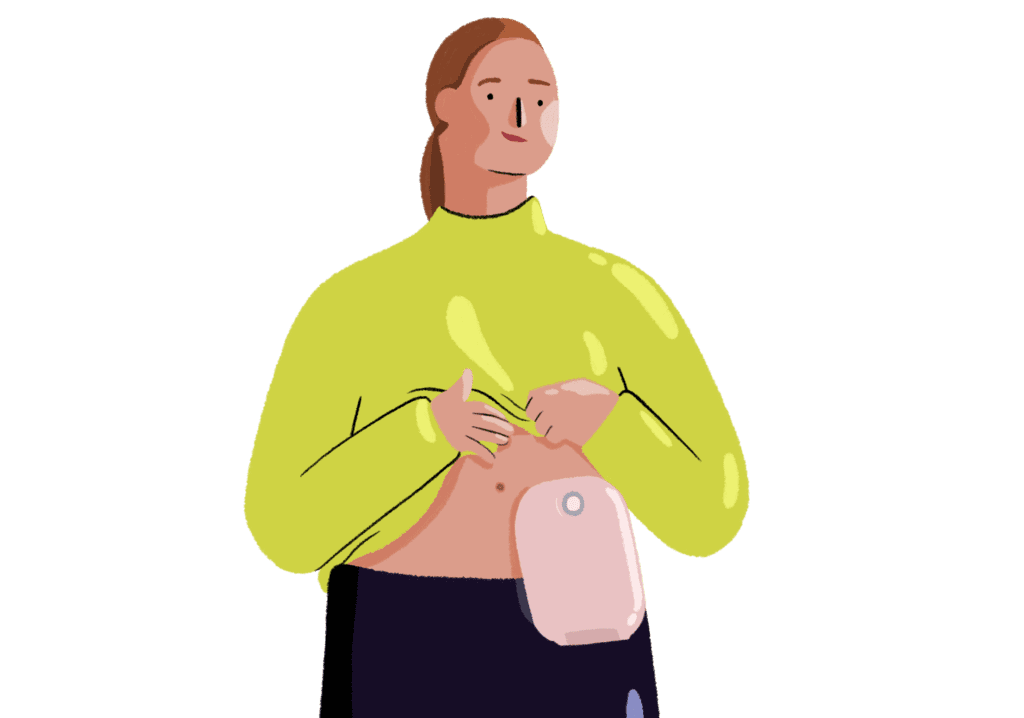 Guts UK’s brand illustration character of a woman stood up, revealing her ostomy bag by lifting her jumper. She wears a green jumper and navy trousers.