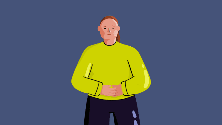 An illustration of a woman holding her stomach with her hands.