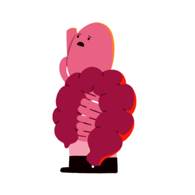 Guts UK cartoon of a pink shocked looking oesophagus, stomach and bowel wearing black boots.