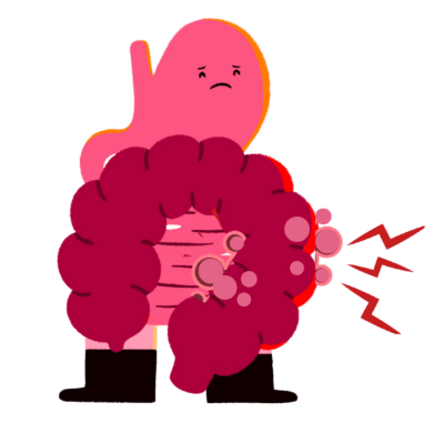 Guts UK's brand cartoon character of a large intestine (colon), small intestine and stomach. The stomach has a sad expression and the organs are standing up in black boots. There are inflammation pockets on the colon and the character is in pain.