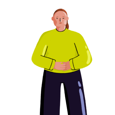 A digital character drawing of a white woman wearing a green jumper and navy trousers. The image is cropped to show the top of the trousers and upwards, and she is holding her hands to her stomach in pain. She has a pained look on her face.
