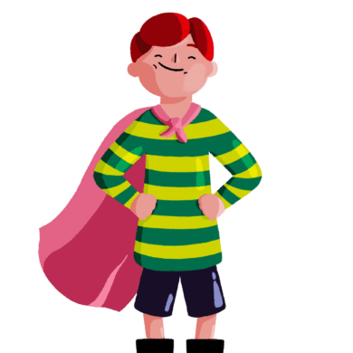 Guts UK brand character of a male child is smirking. He is wearing a striped green top and black shorts with a pink cape.