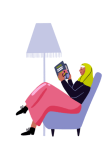 An illustration of a woman sat in an arm chair next to a lamp. She is holding a printed copy of a Guts UK information leaflet in her hands.