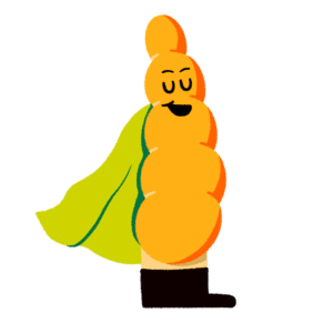 Guts UK brand character of a proud pancreas with a green cape on.