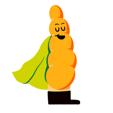 Guts UK brand character of a proud pancreas with a green cape on.