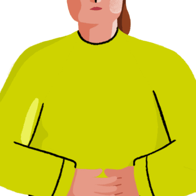 A digital character drawing of a white woman wearing a green jumper and navy trousers. The image is cropped to show the top of the trousers and upwards, and she is holding her hands to her stomach in pain. She has a pained look on her face.