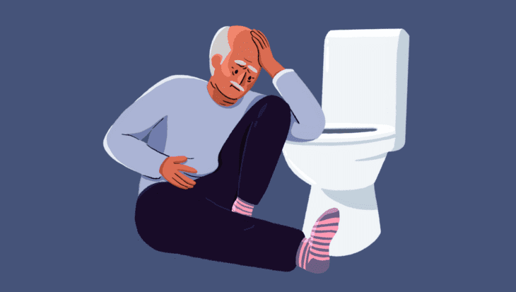 An illustration of a man sat next to a toilet, with one hand on his head and another on his stomach.