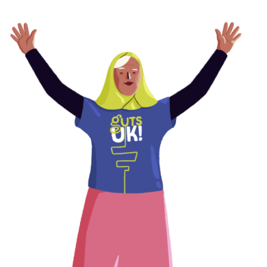 Guts UK cartoon character of a woman wearing a yellow hijab, a Guts UK navy blue t-shirt and a pink dress. She has both in the air.