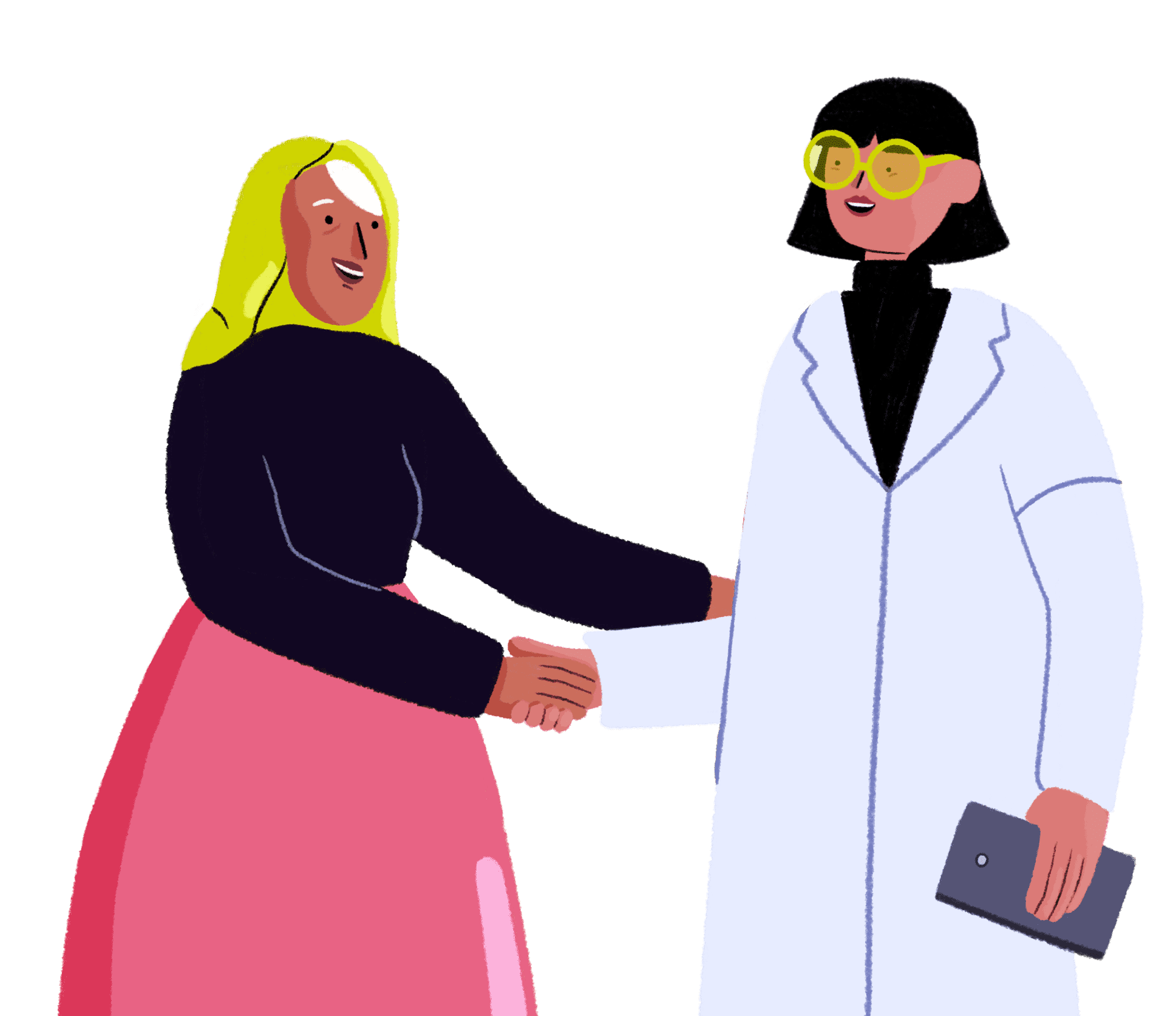 Guts UK's brand cartoon characters of a female wearing a yellow hijab, a black long-sleeved top and a long pink dress and a female researcher with short black hair wearing yellow glasses, a white lab coat, black trousers and boots while holding a navy colour book in her left hand. They are shaking each other's hands.