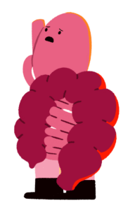 Guts UK cartoon of a pink shocked looking oesophagus, stomach and bowel wearing black boots.