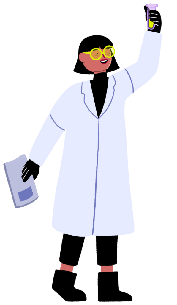 A Guts UK cartoon of a scientist in a white lab coat with their left arm raised in the air and right hand holding papers.