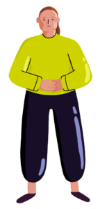 A digital character drawing of a white woman wearing a green jumper and navy trousers. The image is cropped to show the top of the trousers and upwards, and she is holding her hands to her stomach in pain. She has a pained look on her face.