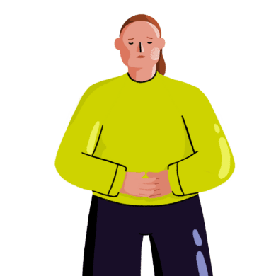 A digital character drawing of a white woman wearing a green jumper and navy trousers. The image is cropped to show the top of the trousers and upwards, and she is holding her hands to her stomach in pain. She has a pained look on her face.