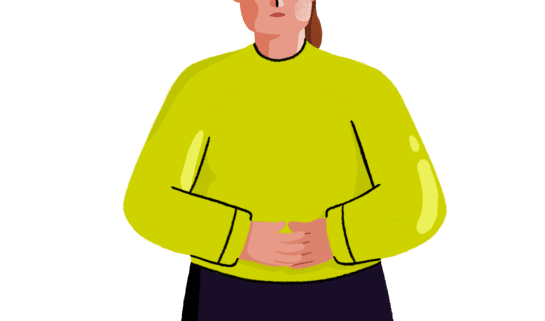 A digital character drawing of a white woman wearing a green jumper and navy trousers. The image is cropped to show the top of the trousers and upwards, and she is holding her hands to her stomach in pain. She has a pained look on her face.