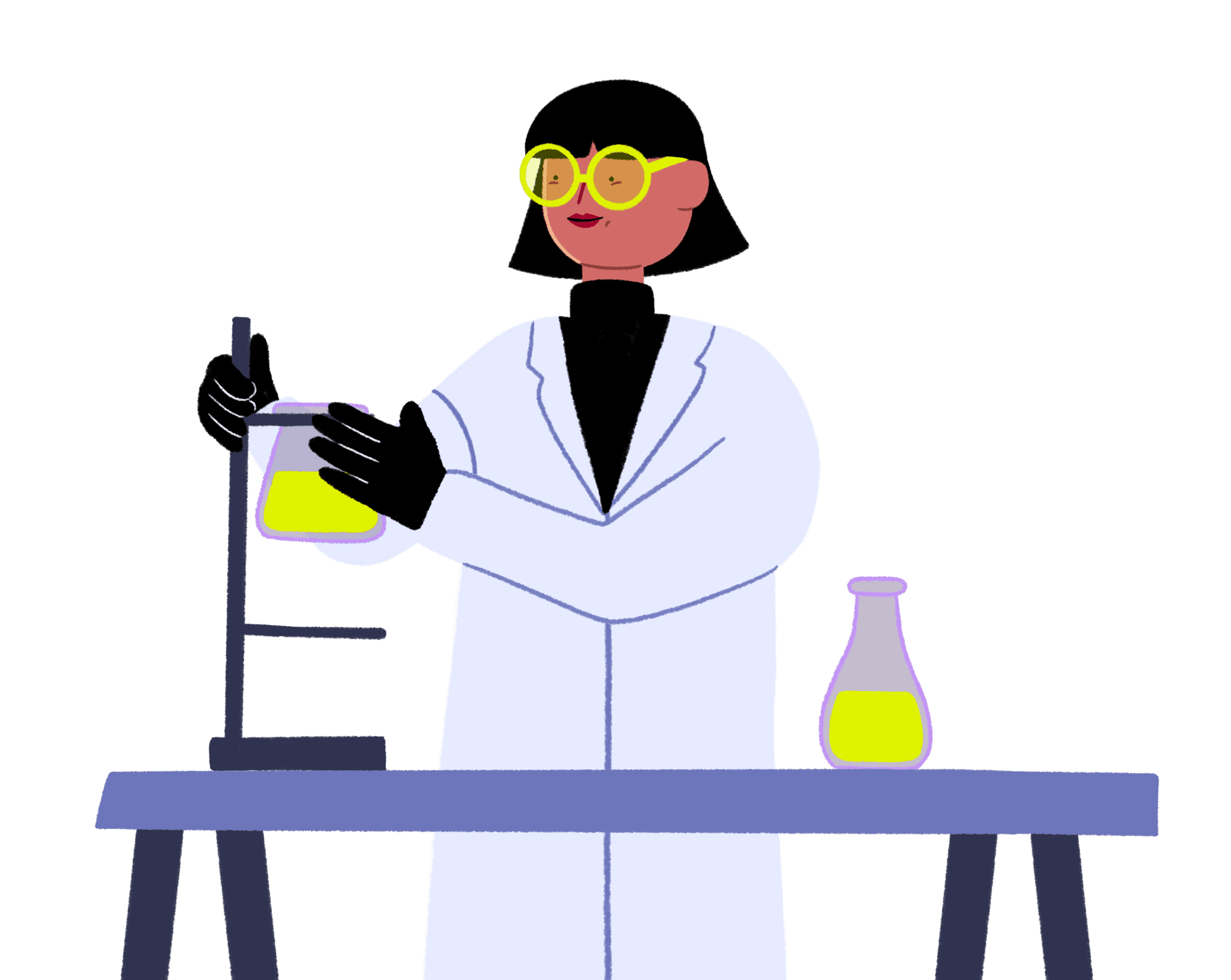 Guts UK branded character of a female researcher in a white lab coat holding up a flask with yellow liquid inside.