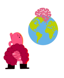 The guts UK cartoon of a pink gut is in the bottom left corner looking up at a green and blue world globe that is in the top right corner. A pink brain is on top of the globe.