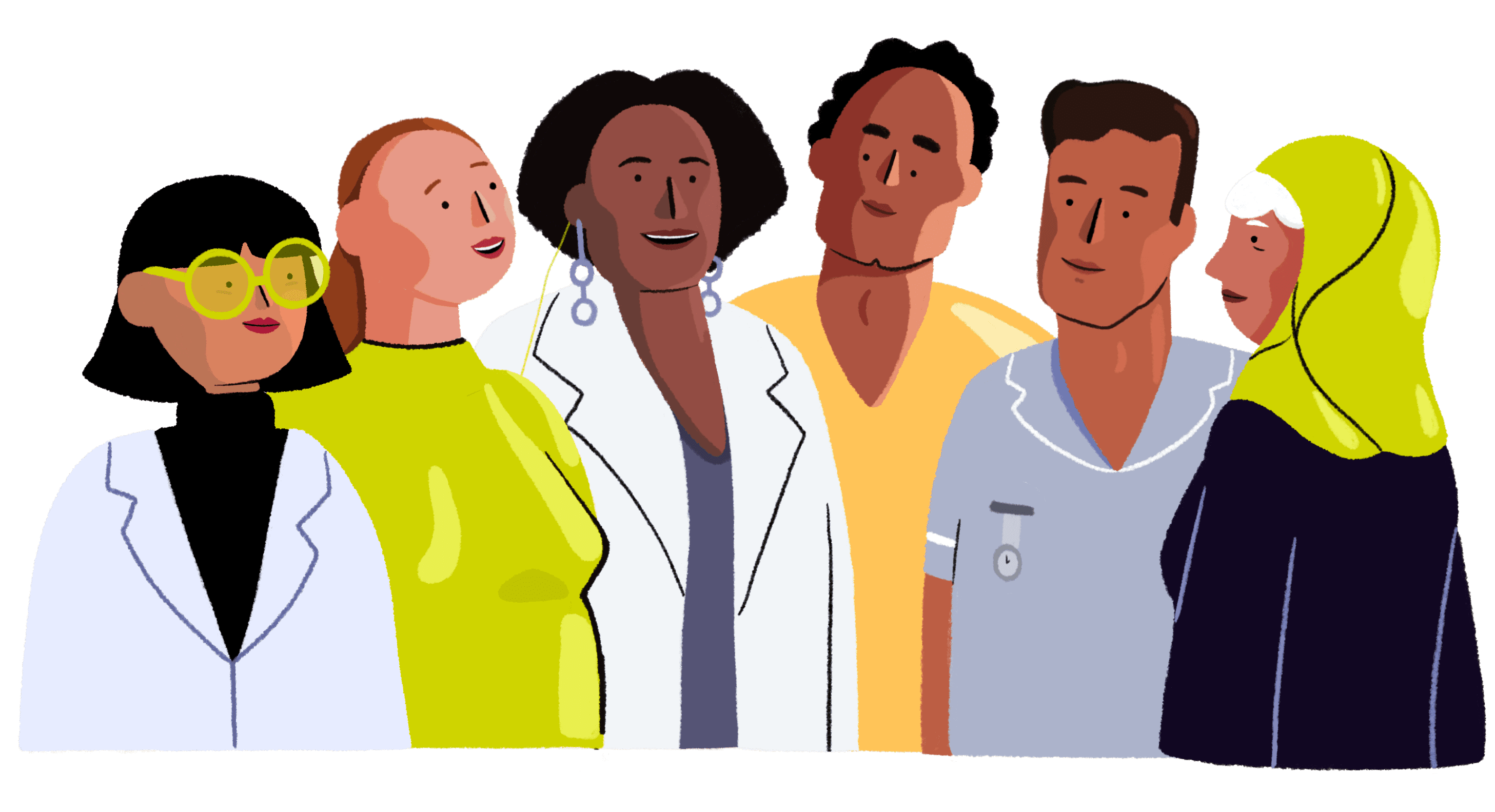 Guts UK cartoon of six people including a researcher wearing yellow glasses and a lab coat, a woman in a green shirt, a doctor wearing a lab coat, a male in an orange shirt, a male healthcare professional and a woman in a hijab. They are in a line and are smiling at each other.