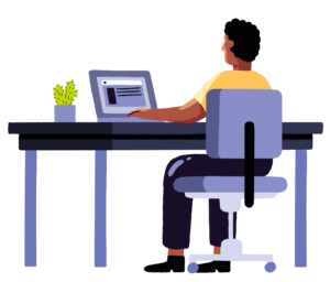 An illustration of a man wearing a yellow t-shirt sitting at a desk. He is looking at his laptop and there is a plant pot on the desk.