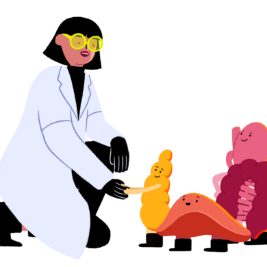 An illustration of a researcher shaking hands with a pancreatitis, who is standing next to a liver and a gut.
