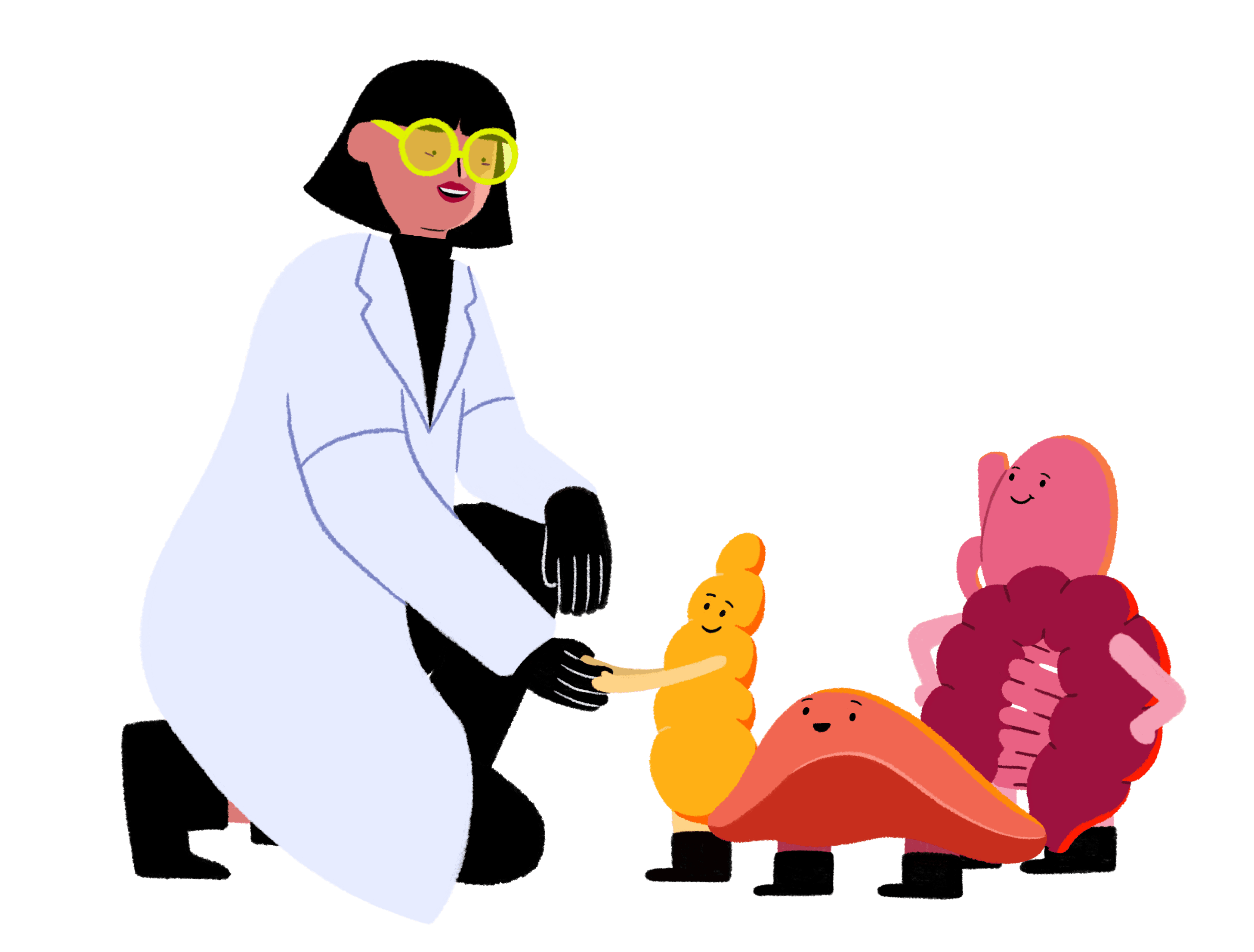 An illustration of a researcher shaking hands with a pancreatitis, who is standing next to a liver and a gut.
