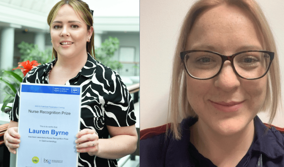 Ms Byrne stands holding her award certificate, smiling on the camera. Ms Gibson has taken a headshot photo of herself, in her nurse's uniform, wearing a Guts UK lanyard and glasses.