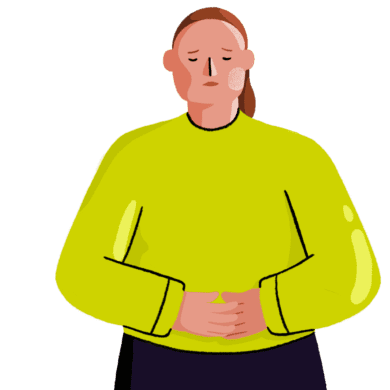 Guts UK's female brand character is stood up, clutching her stomach, in pain, with a sad expression