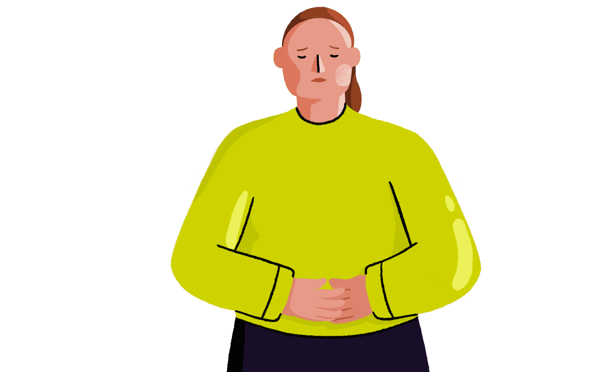 Guts UK's female brand character is stood up, clutching her stomach, in pain, with a sad expression