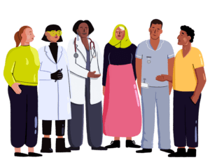 Guts UK's brand characters are stood in a line, looking at one another. The characters are a female patient, female researcher, female healthcare professional, a female patient wearing a hijab, a male healthcare professional and a male patient.