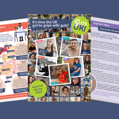 Three pages of the Guts UK Autumn Winter 2024 magazine are seen next to each other on a blue background.