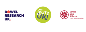 Bowel Research UK logo, Guts UK logo and James Lind Alliance logo on a white background.