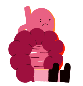 Guts UK branded character of a sad gut that is sat down.