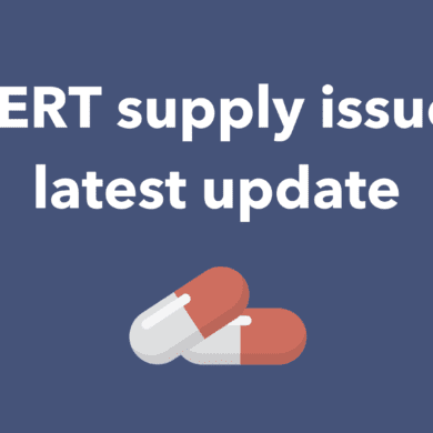 A blue background with white text that reads: PERT supply issue latest update. There is an illustration of two tablet capsules underneath the text.