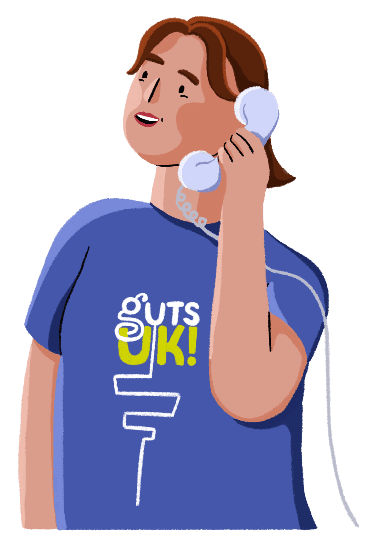 An illustration of a person answering a telephone call. They are wearing a blue Guts UK branded t-shirt.