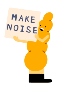 A Guts UK brand illustration of the pancreas character, smiling and holding a board up which says "make noise".