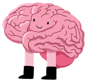 Guts UK's brand character illustration of the brain. The brain has been characterised with two small black eyes and a smile, and has two pale, pink legs, wearing black boots. 