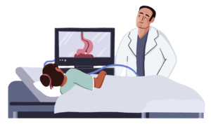 Guts UK Brand Characters of a doctor and patient. The doctor is performing an endoscopy and the patient is covered with a sheet up to their waist.