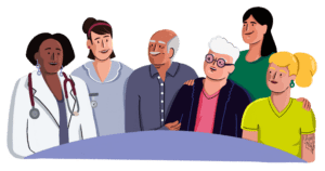 An illustration of a group of people sat together talking, including doctors, nurses and patients.