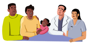 An illustration of a group of people sat round a table, including two parents and a child and two healthcare professionals.