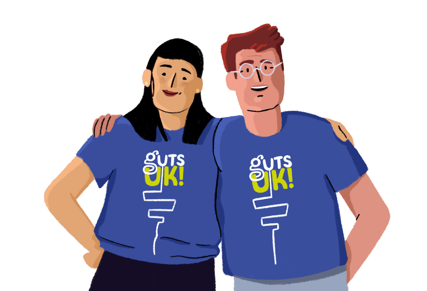 An illustration of two people standing next to each other with their arms around one another's shoulders. They are smiling and wearing Guts UK branded blue T-shirts.