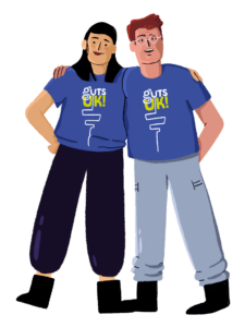Guts UK’s brand characters of a female and male are standing side by side, both wearing Guts UK t-shirts. They have their arms around each other’s backs and are smiling. 