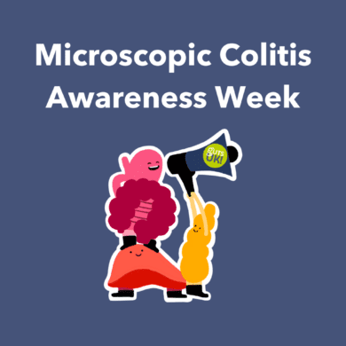 An illustration of gut, liver and pancreas on a blue background with white text that reads Microscopic Colitis Awareness Week.