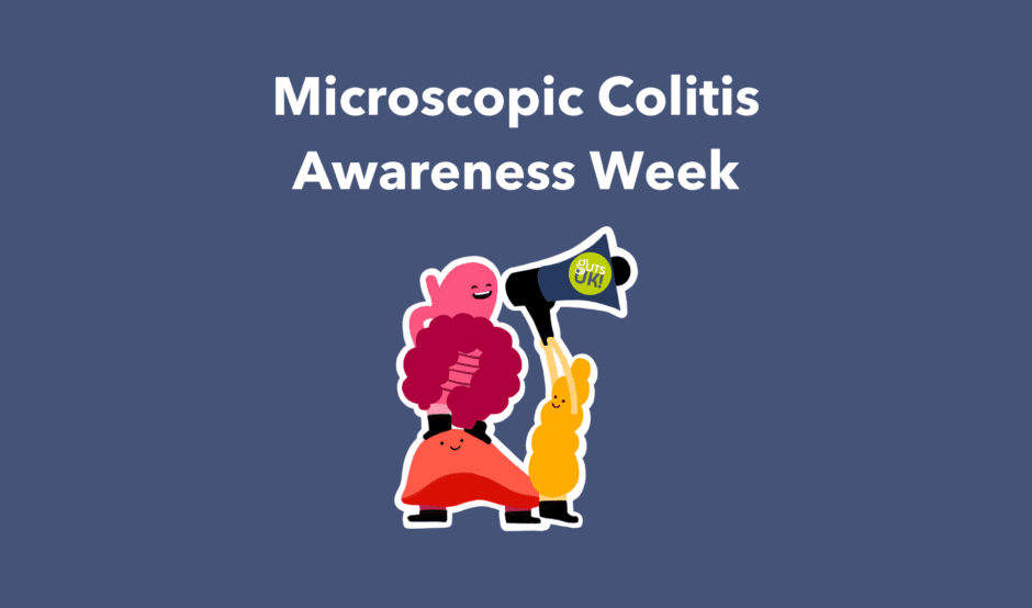 An illustration of gut, liver and pancreas on a blue background with white text that reads Microscopic Colitis Awareness Week.