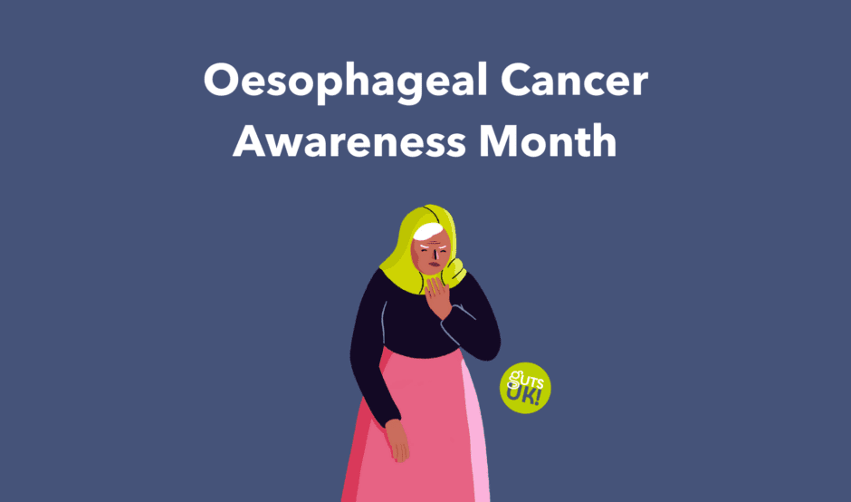 The title reads: "Oesophageal cancer awareness month". A Guts UK brand character of a female wearing a green hijab, black jumper and pink dress is below the title. She has her arm on her throat while she coughs. The Guts UK logo is in the bottom right.